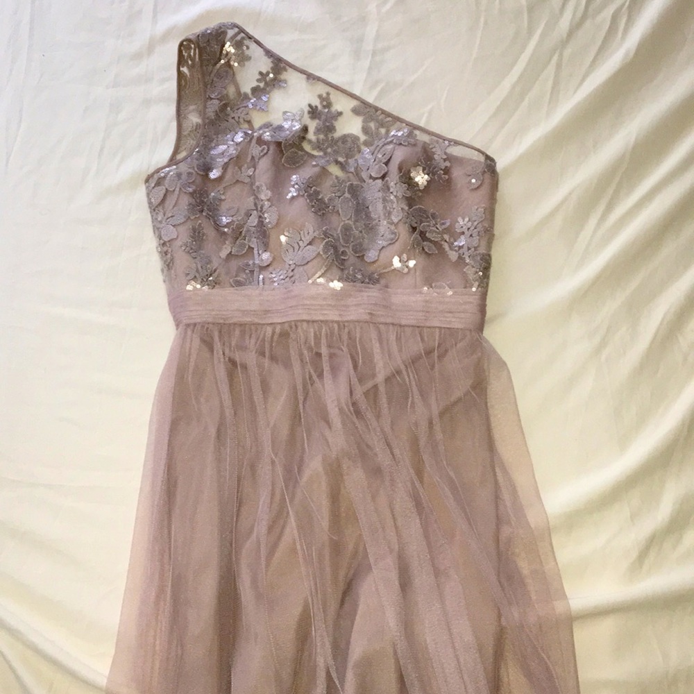 Amsale lavender one shoulder dress.